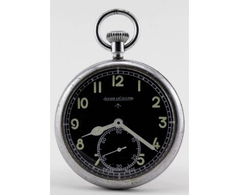 Gens military issue Jaeger LeCoultre open face pocket watch the signed black dial with luminous arabic numerals and large sub