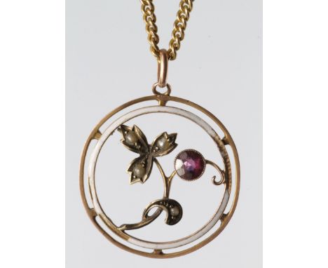 9ct pendant set with almandine garnet and seed pearls, (some damage to enamel decoration) on gold plate chain, weight 7.0g.