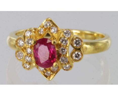 22ct yellow gold fancy cluster ring set with central ruby surrounded by diamonds, size K, weight 3.6g.