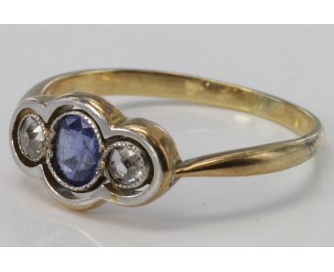 18ct sapphire and diamond three stone ring, size K, weight 1.7g.