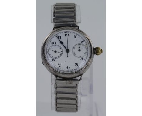 Gents silver cased Chronograph wristwatch. Import marks for Edinburgh 1927. The white dial with black arabic numerals with fu