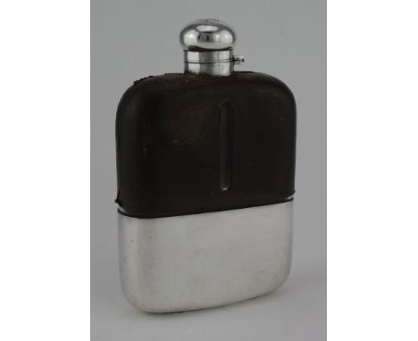 Silver & leather mounted glass hip flask, with hinged bayonet lid (glass liner chipped inside lid) and pull off silver drinki