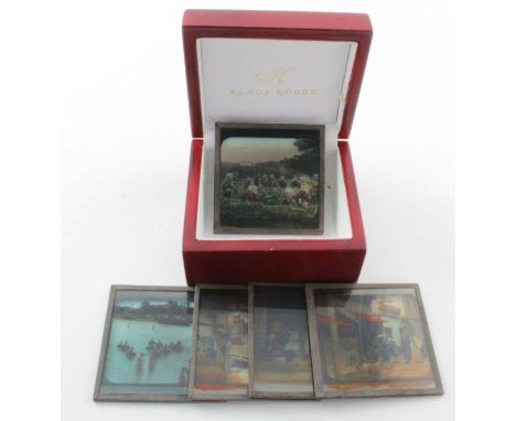 Japanese scenes on Magic lantern slides (5) c1900 Traditional scenes, tea picking, grinding corn, water babies Osaka, silk sp