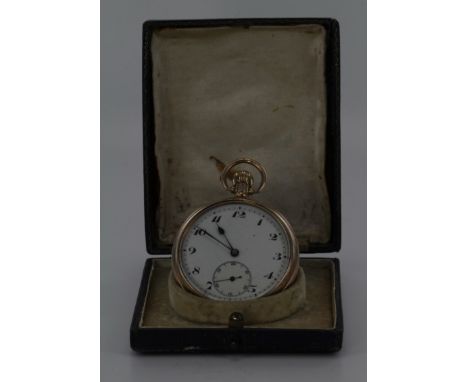Gents 9ct cased open face pocket watch, hallmarked London 1925 . The white enamel dial with Arabic numerals surrounded by a m