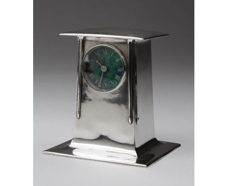 Archibald Knox. An exquisite Silver Liberty & Co. Cymric mantle clock, designed by Archibald Knox, with blue & green enamel d