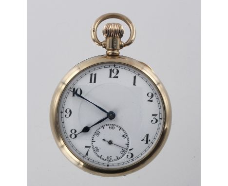Gents 9ct gold open face pocket watch (hallmarked Birmingham 1922), the white enamel dial with Arabic numerals and subsidiary