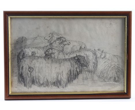 Early 19th Century. Pencil drawing, depicting a flock of sheep in a field stood next to a gate, framed & glazed, image size 1