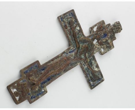 Post Medieval Russian Enamelled Cross, ca. 1800 AD flat section cross depicting crucified Jesus Christ; remains from original