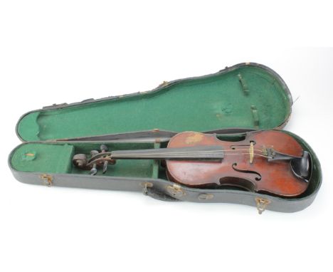 German violin, makers label inside 'Antonius Stradivarius Facibat Anno 1716', length 37cm approx. (including button), contain