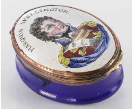 Enamel snuff box, depicting a portrait of Marquis Wellington to lid, circa early 20th century, some damage, height 25mm, widt