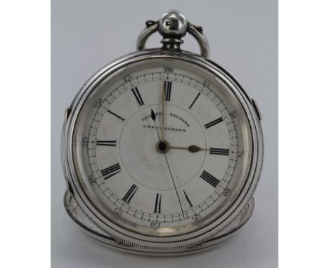 Silver open face chronograph pocket watch, hallmarked Chester 1901, the dial with Roman numerals, outer 25-300 chapter and ce