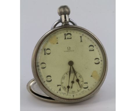Gents Omega nickel cased open face pocket watch having a signed white enamel dial & subsidiary second dial at 6 o'clock. Circ