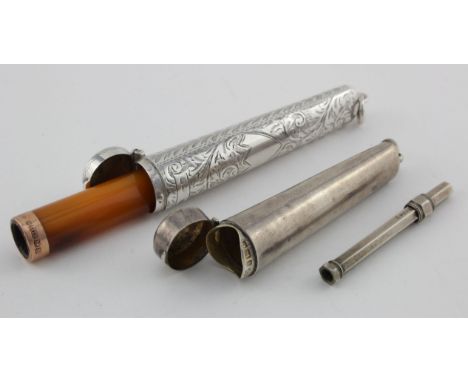 Two individual silver cheroot holder containers hallmarked for Birmingham, 1902 and 1911.   The larger item  contains a 9ct. 