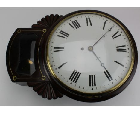 Georgian mahogany drop dial wall clock with carved decoration, fusee movement, white enamel dial with Roman numerals, pendulu