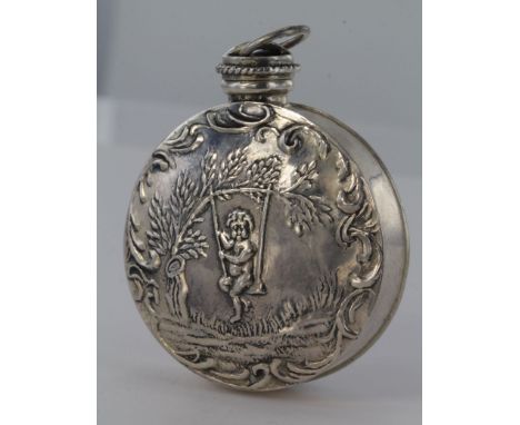 White metal (tests as Silver) Perfume Bottle/Flask depicting Cherub on swing weight 18.3g