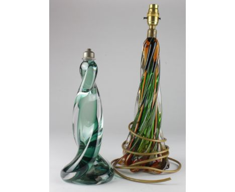 Val St Lambert green glass lamp base also an unusual twisted flared bi colour glass lamp base