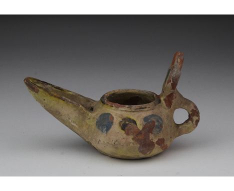 Seljuk Dynasty Oil Lamp, C. 1037 - 1194 A.D. Seljuk Glazed Earthenware Oil lamp with handle and thumb guard. Very good condit