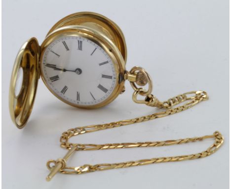 18ct Gold ladies half hunter pocket watch, white enamel dial with roman numerals, engraved to inner case, dial diameter 30mm 