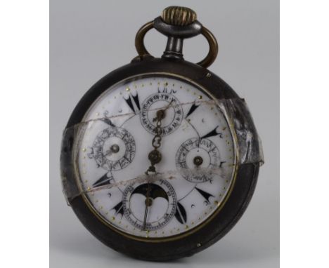 Gun-metal cased calendar pocket watch, made for the Ottoman market, the white enamel dial with outer sweep seconds dial enclo