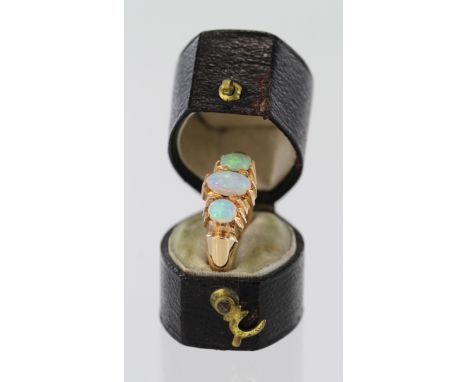 9ct yellow gold opal three stone ring, size O, weight 5.6g.