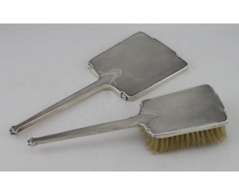 Two silver mounted, engine turned, Art Deco items comprising hand mirror and hair brush, good gauge of silver. Hallmarked; Bi