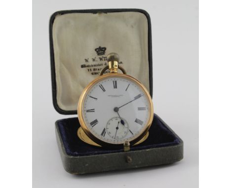 18ct Gold open face pocket watch by Thomas Russell & Son, Liverpool, hallmarked 'TR, Chester, 1907', white enamel dial with R
