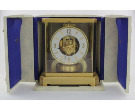 Jaeger-LeCoultre gilt brass Atmos Clock, circa 1960s, white chapter ring with arabic numerals, contained in original fitted c
