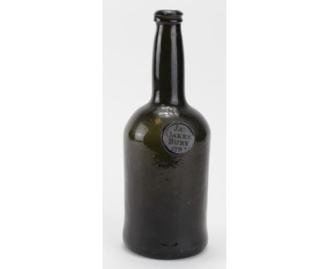 Dark green glass squat / mallet bottle, circa 18th century, button to front reads 'Jas Oakes Bury 1787' [James], height 26cm,