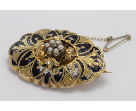 Yellow metal (tests 9ct) Seed Pearl and enamel set Memorial Broch with safety chain to "C Young died May 1 1867" weight 10.1g