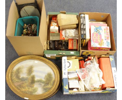Miscellania. A collection of miscellaneous items, including two oil paintings, a quantity of view master slides, WWI Princess