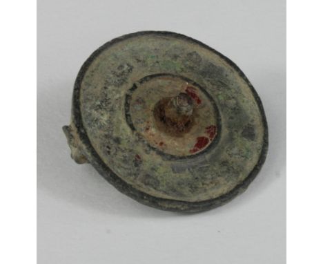 Ancient Roman Disc Brooch, ca. 300 AD Roman enamelled disc brooch with traces of original red enamel. Pin intact and nice anc