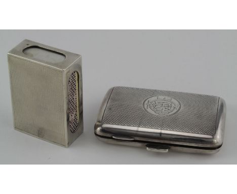 Two Engine turned silver items comprising a match case hallmarked G & Co. Ltd. London 1955 with a Turkish matchbox and a smal