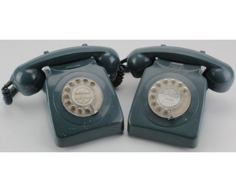 Telephones. A pair of green / blue telephones (one marked GPO), one with split to front (sold as seen)