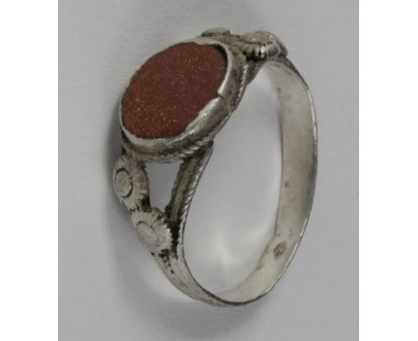 Tudor Silver Enamelled Ring , ca. 1500 AD, round shaped band with round bezel inserted with enamel; shoulders decorated with 