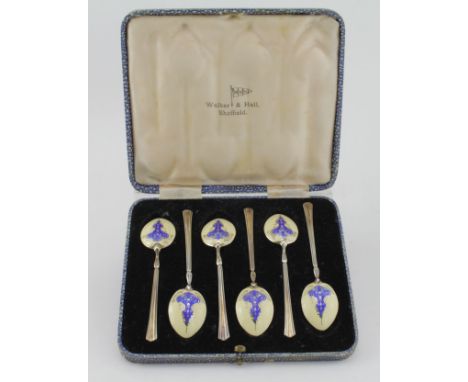 Six silver & enamel teaspoons by Walker & Hall, ornately decorated, hallmarked 'W&H, Chester 1938', contained fitted case