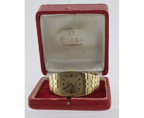 Boxed gents Omega 18ct cased Constellation Chronometer automatic wristwatch, the gilded dial with baton markers and date aper