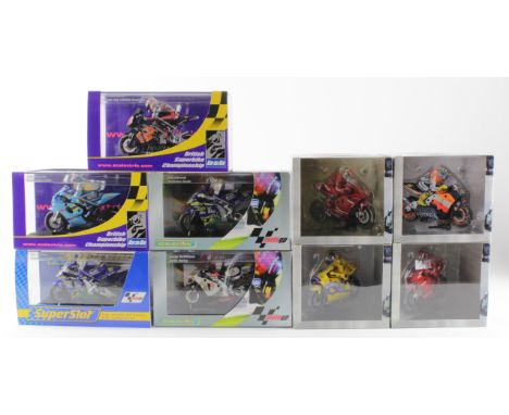 Scalextric MotoGP. Nine boxed Scalextric MotoGP models & similar, comprising Valentino Rossi (C6000); Loris Capirossi (C6008,