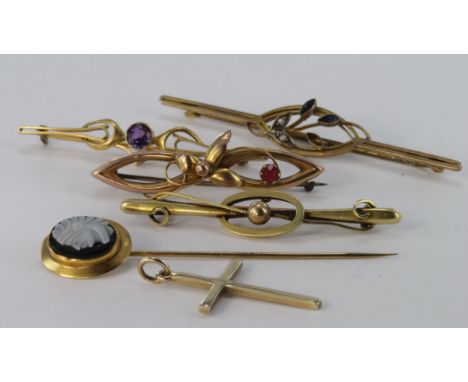Mixed lot of 9ct Gold and Yellow metal Bar Brooches, Stick pin and Cross weight 11.8g