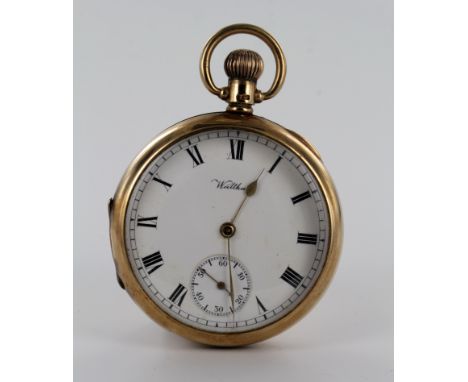 Gents 9ct cased open face pocket watch, hallmarked Birmingham 1915 . The white enamel dial with Roman numerals surrounded by 