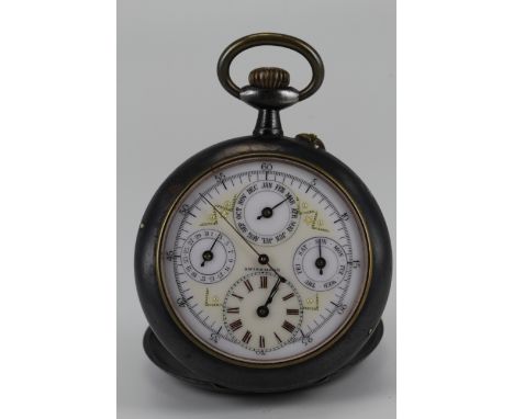Gents gun metal cased calendar pocket watch, the white enamel dial with outer sweep seconds dial enclosing four subsidary dia