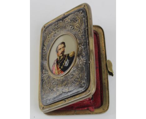 An unusual brass & leather gilt purse decorated with a portrait miniature to either side, circa late 19th to early 20th centu