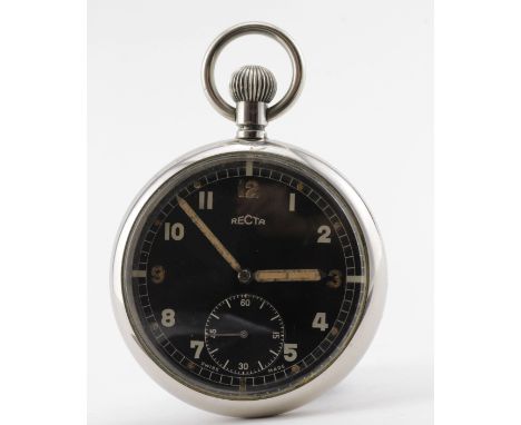 Recta British Military Issue General Service Time Piece (GSTP). The black dial with arabic numerals and subsidiary second dia