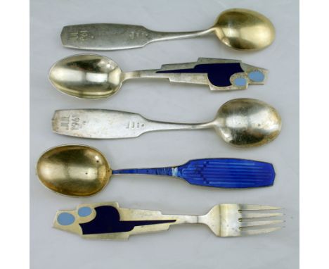 Five Danish silver & enamel forks & spoons by Anton Michelsen, each stamped 'Jul 1961 or 1962' to reverse of handle, some wit