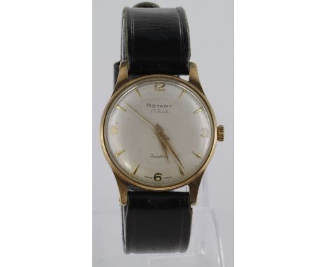 Gents "Rotary" 9ct cased wristwatch circa 1960, the cream dial with gilt baton / arabic markers, on an leather strap. Watch w