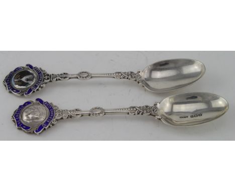 Two English St. Bernard Club silver & enamel Spoons (some damage to the enamel).  Hallmarked  JAR & JAR Ltd., 1931 & 1936. We