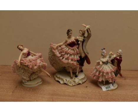 Two 20th century West German Alka Kunst (Dresden) porcelain 'Crinoline' dancer figure groups and one figurine, in the 18th ce