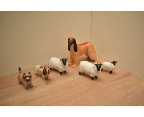 A group of six Beswick Pottery animal studies comprising Afghan Hound 'Hajubah of Davien' no2285 designed by Graham Tongue, c