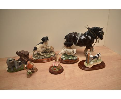 A collection of figurines comprising Border Fine Arts 'Morning Feed' JH82A, Border Fine Arts working black and white spaniel 