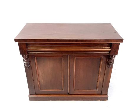 A Victorian mahogany chiffonier. Fitted a long drawer above two panel doors on a plinth base, height 93cm, width 105cm, depth