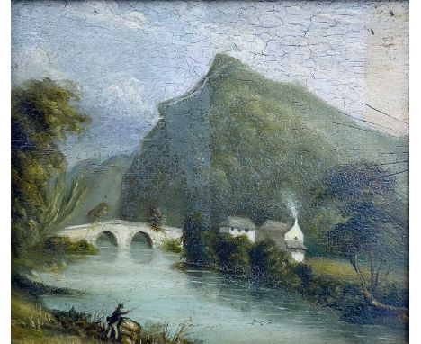 19th Century English School  River Landscape with Houses, Bridge and FishermanOil on panel12cm x 13.75cm